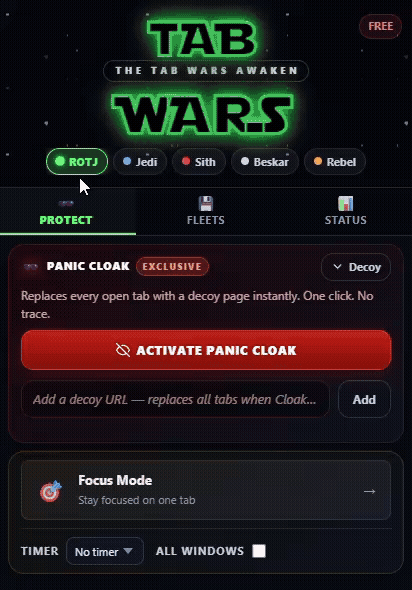 TabWars extension demo showing Panic Cloak activation